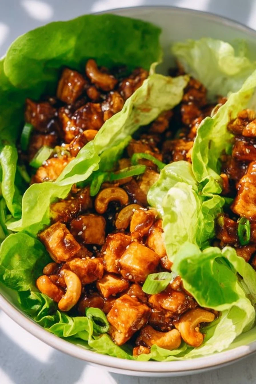 Healthy tofu lettuce wraps with colorful vegetables and a savory sauce