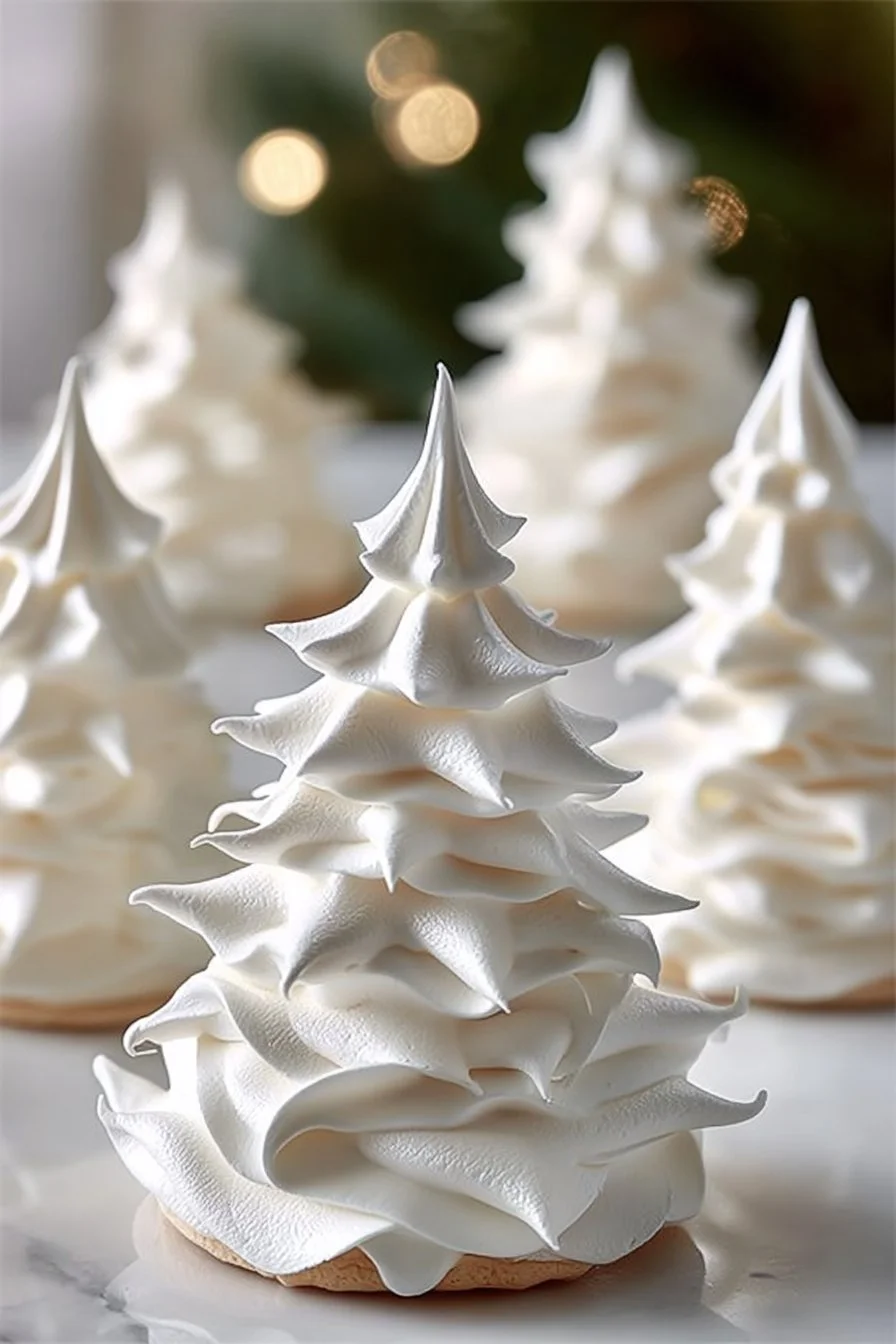 Decorated tree-shaped meringue cookies on a festive plate