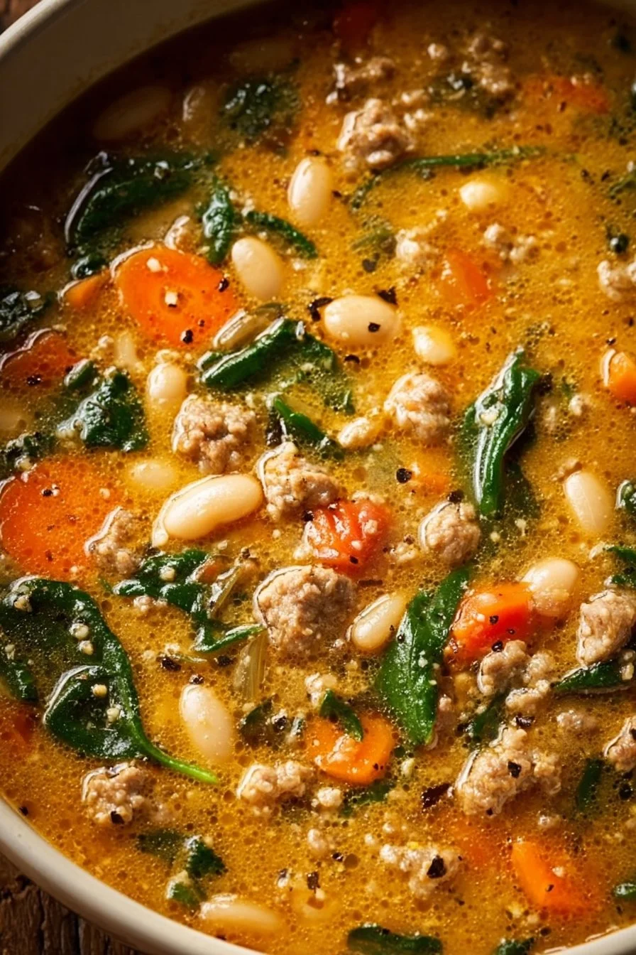 A bowl of Tuscan White Bean Soup garnished with fresh herbs.