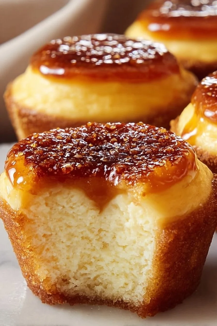 Vanilla Bean Crème Brûlée Cheesecake Cupcakes topped with caramelized sugar
