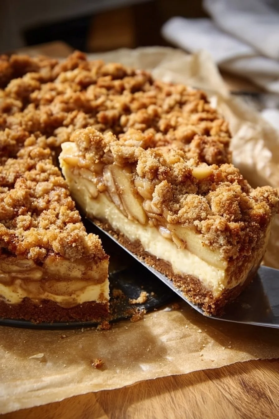 Vegan Apple Crumble Cheesecake topped with crunchy crumble and fresh apples