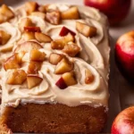 Vegan Applesauce Cake topped with cinnamon and served on a wooden plate