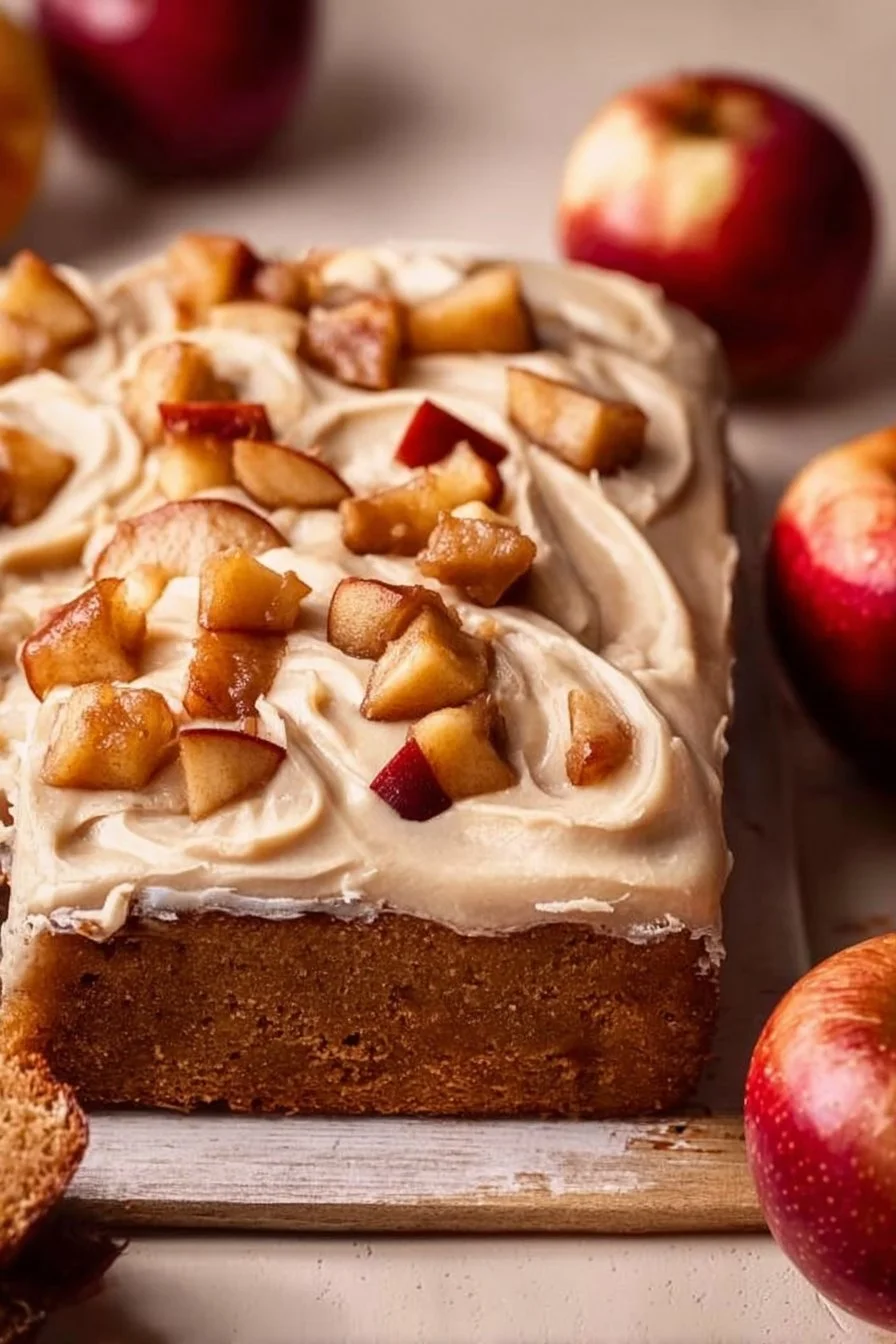 Vegan Applesauce Cake topped with cinnamon and served on a wooden plate