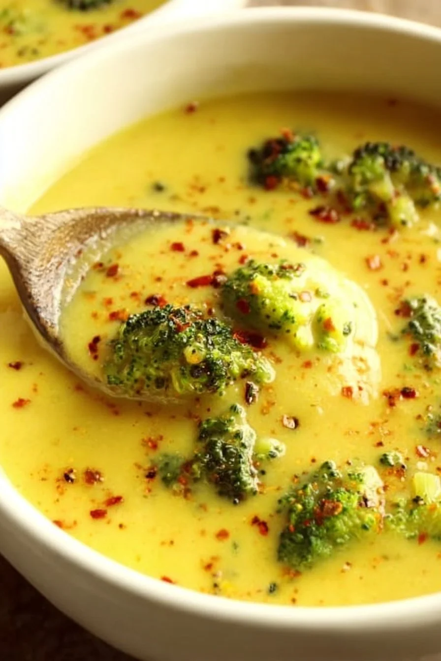 Bowl of Vegan Broccoli Potato Soup with garnishes