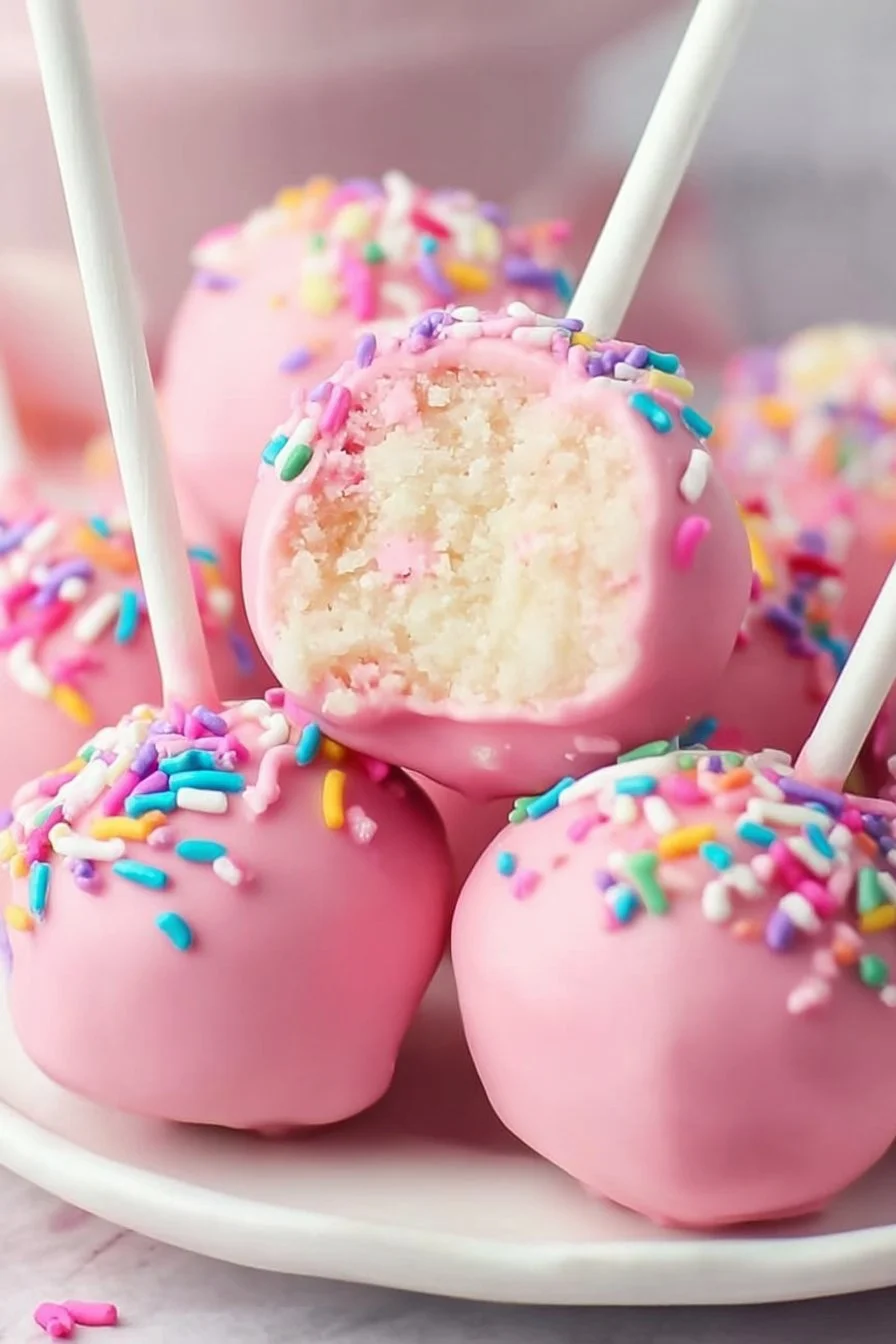 Delicious vegan cake pops decorated with colorful sprinkles on a white plate