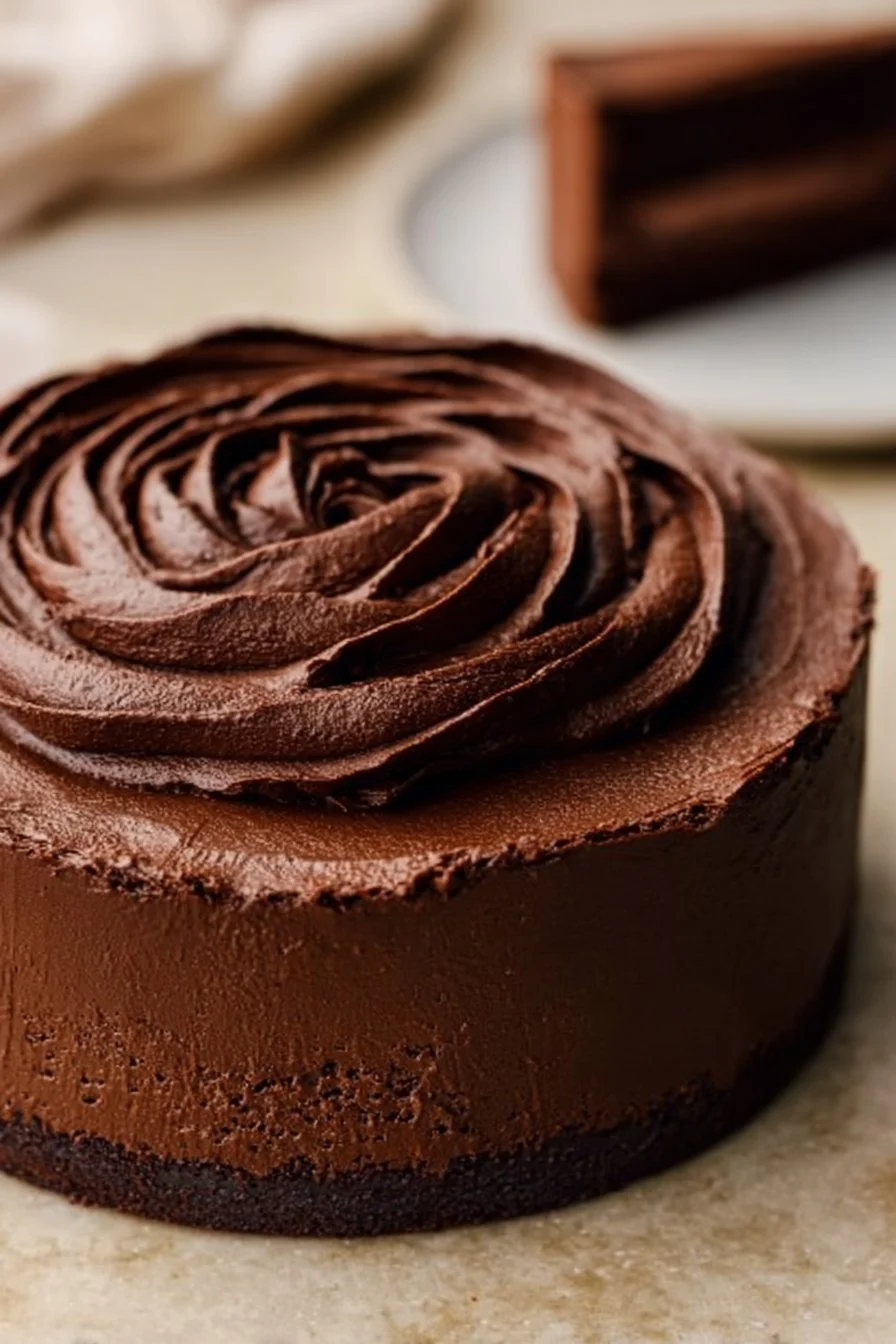 Delicious Vegan Chocolate Mousse Cake topped with berries and mint leaves