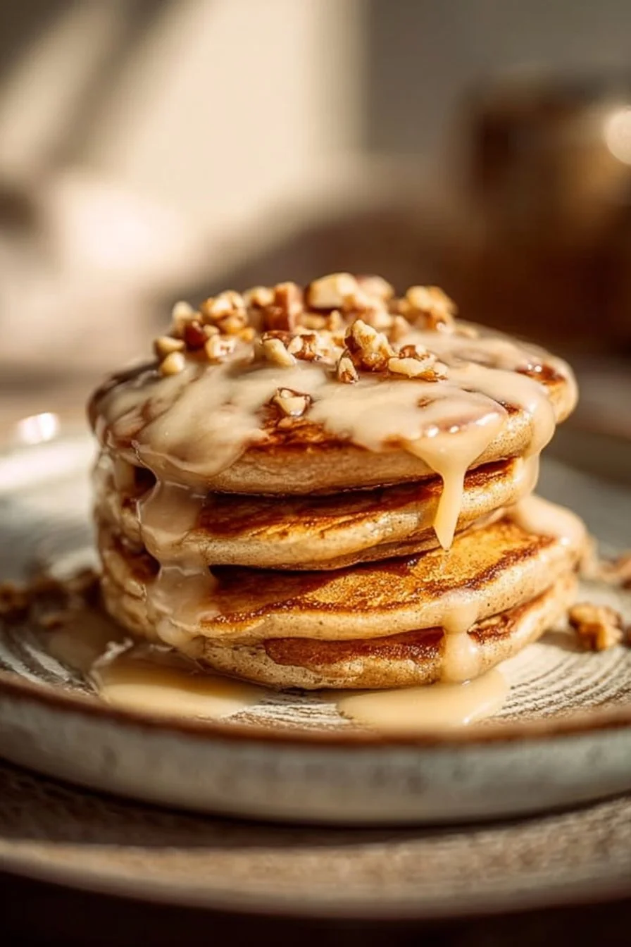 Fluffy vegan cinnamon roll pancakes topped with icing and cinnamon swirl