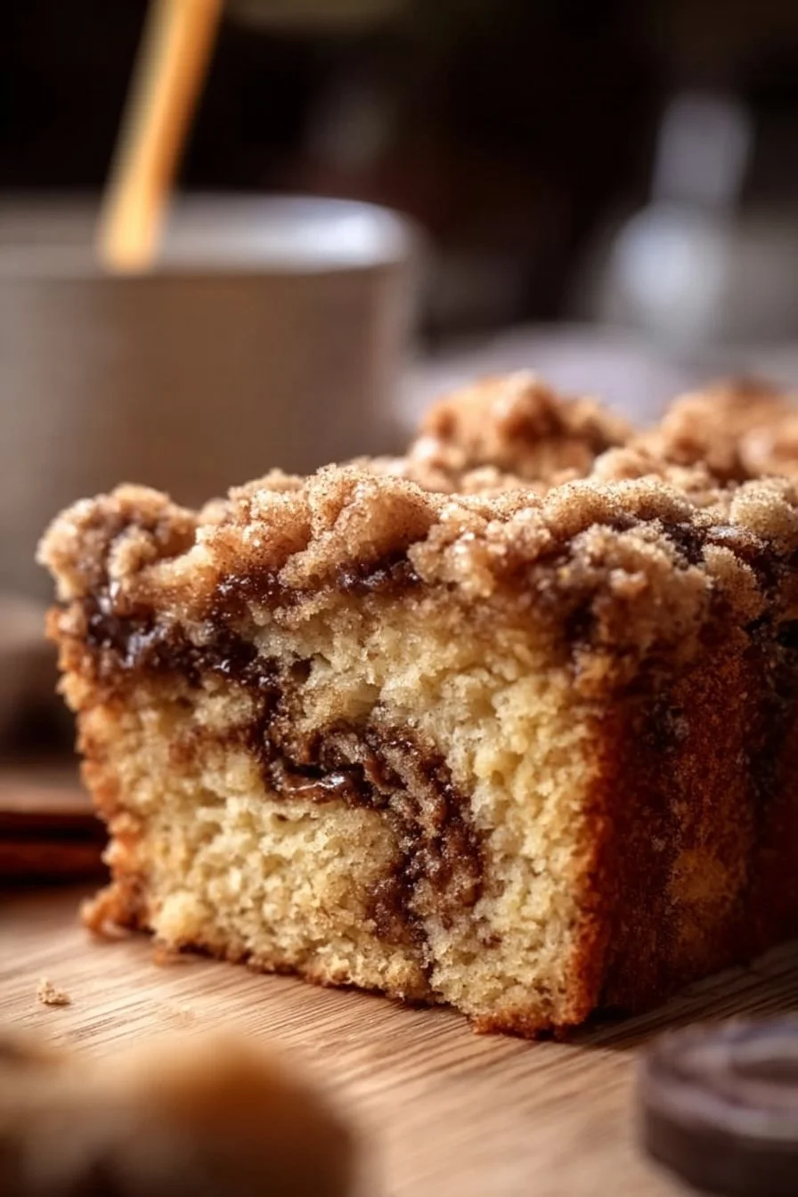 Delicious vegan coffee cake topped with nuts and cinnamon in a rustic setting