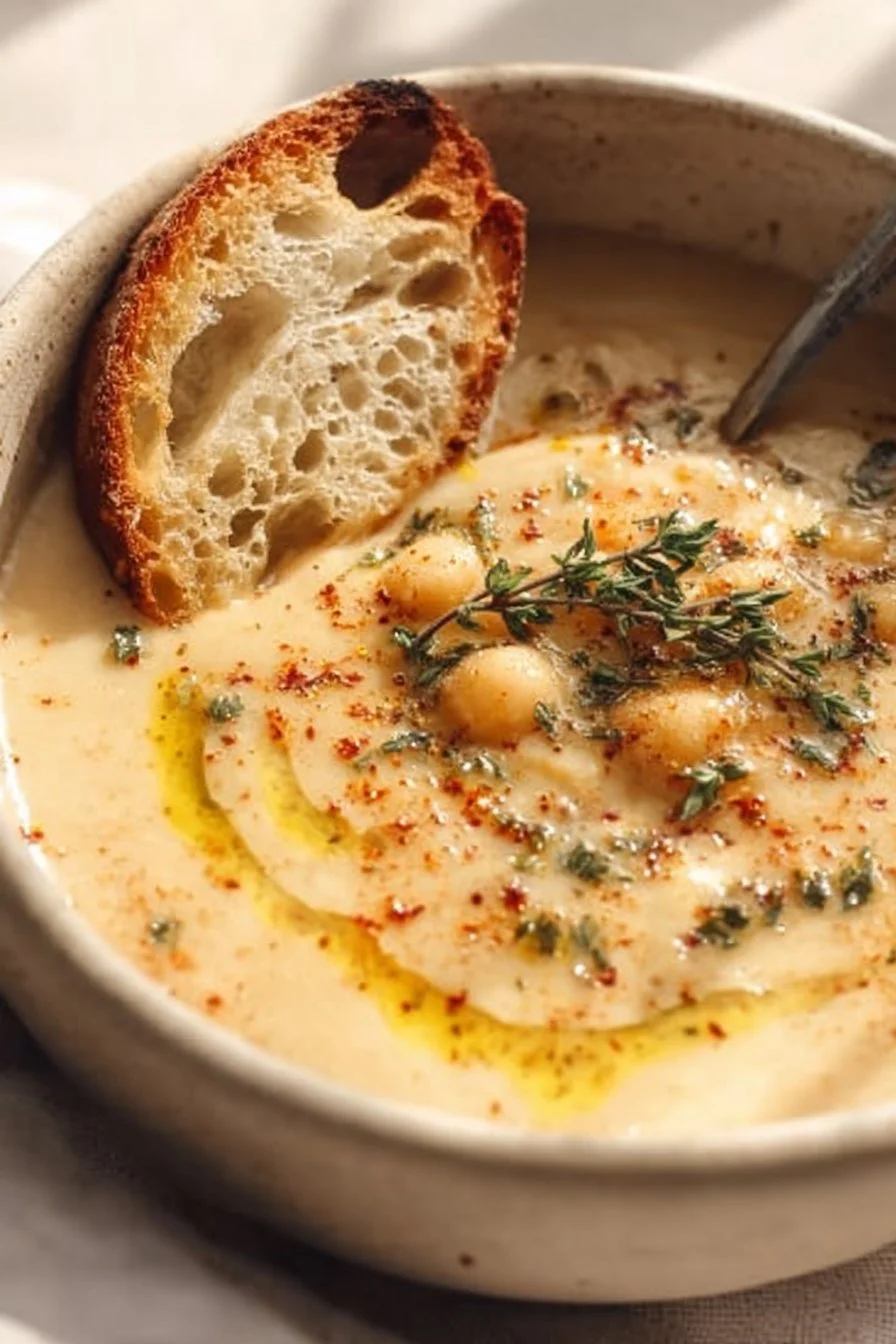 Bowl of Vegan Garlic Chickpea Soup topped with fresh herbs