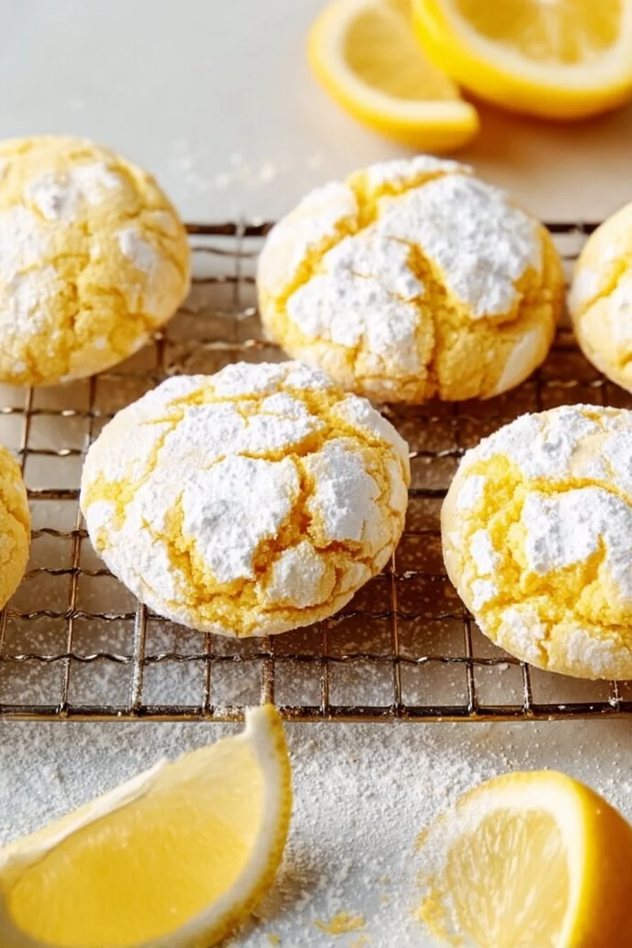 Freshly baked Vegan Lemon Crinkle Cookies with a dusting of powdered sugar.