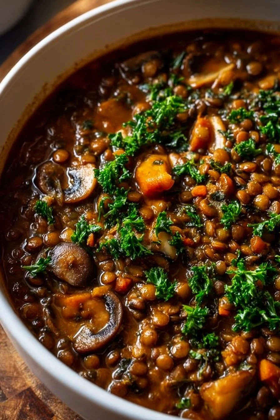 Bowl of hearty Vegan Lentil Mushroom Stew with fresh herbs
