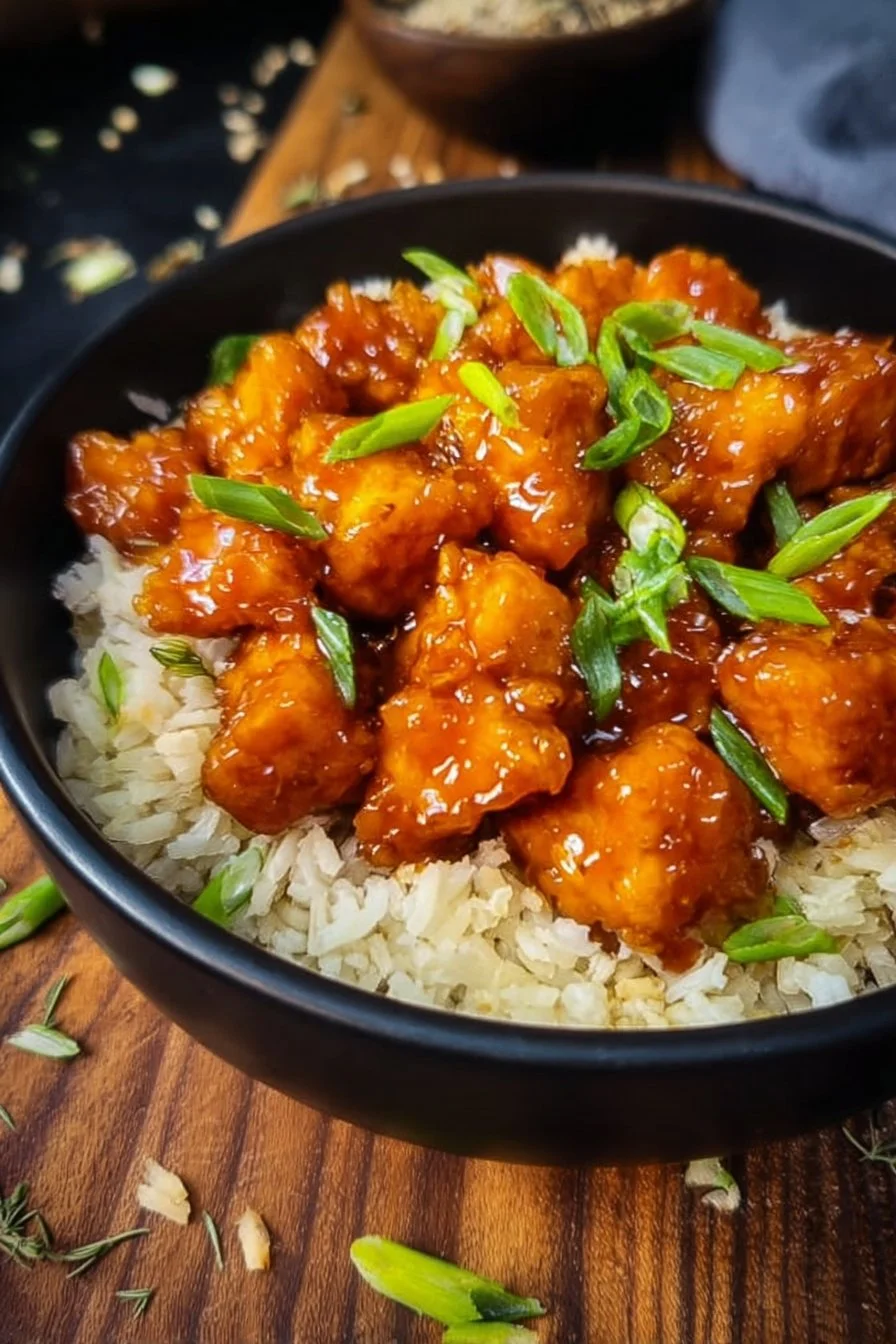 Delicious vegan orange chicken made with tofu served in a bowl