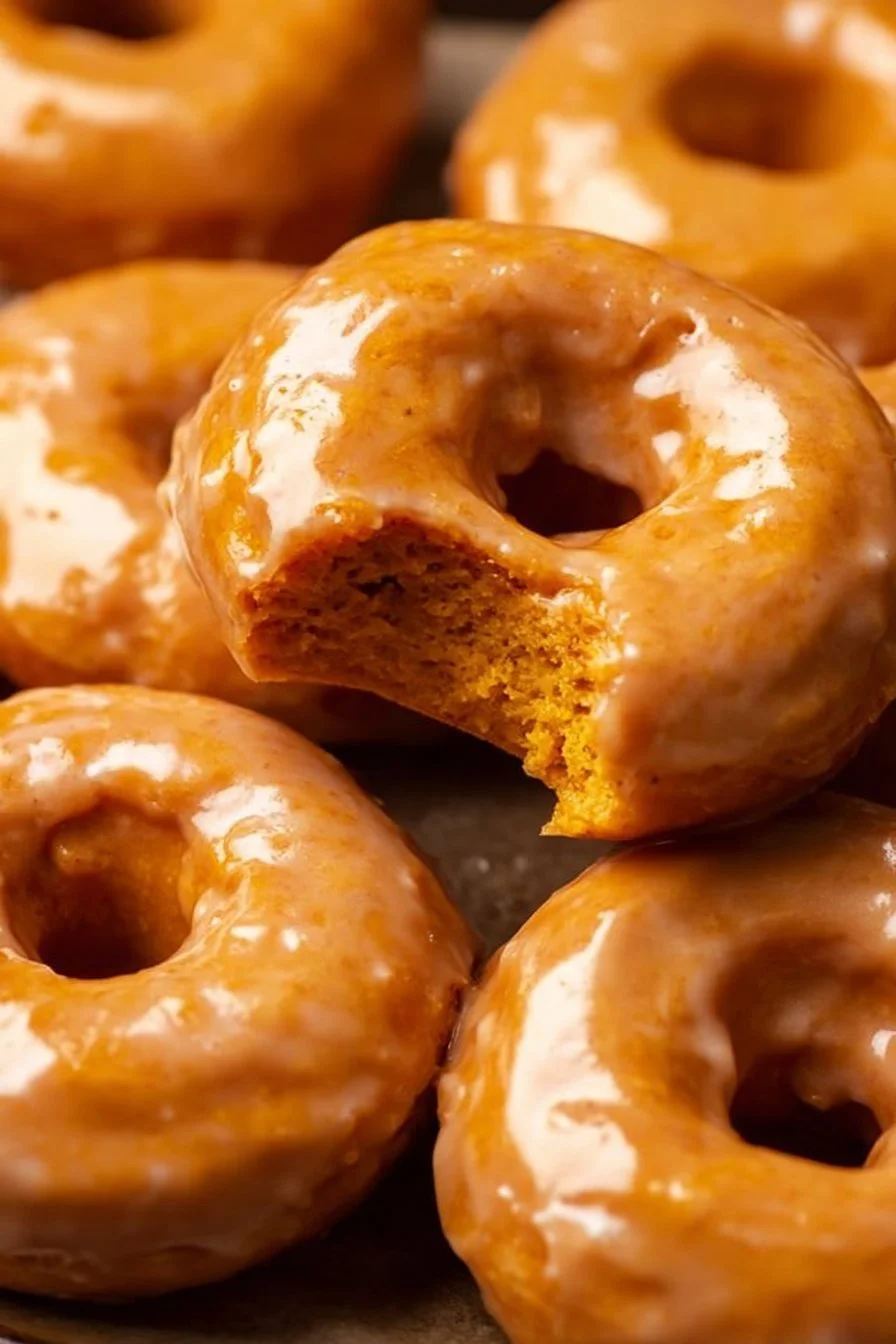 Delicious vegan pumpkin donuts on a wooden table showcasing their warm color and texture.