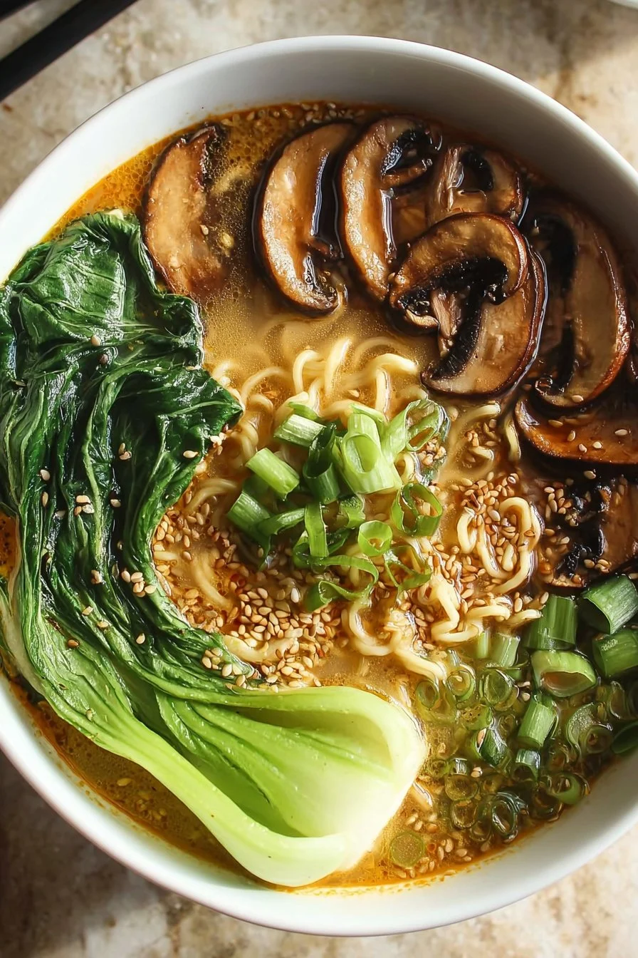 Bowl of Vegan Spicy Ramen garnished with fresh herbs and chili peppers