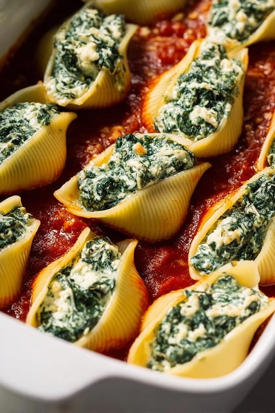 Plate of vegan stuffed shells filled with spinach and tofu, topped with marinara sauce.
