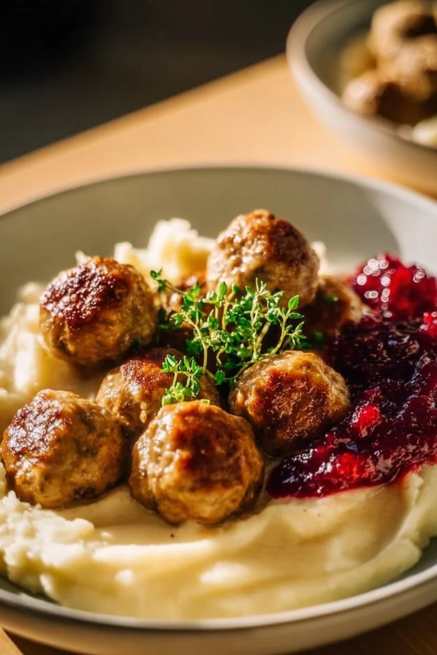 Plate of Vegan Sweet Potato Meatballs garnished with herbs
