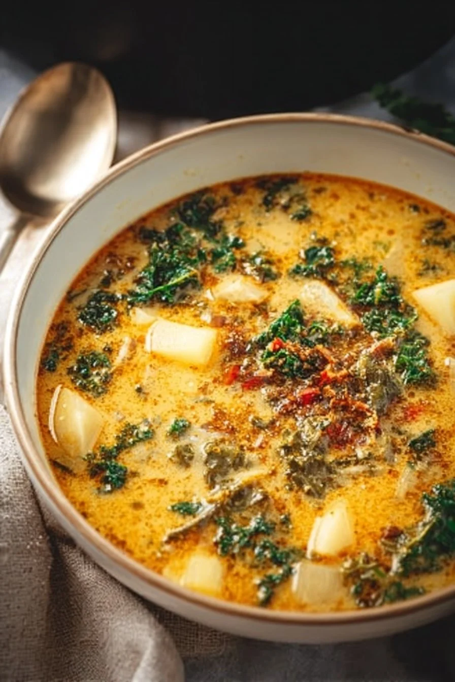 Bowl of delicious Vegan Tuscan Soup with fresh veggies and herbs
