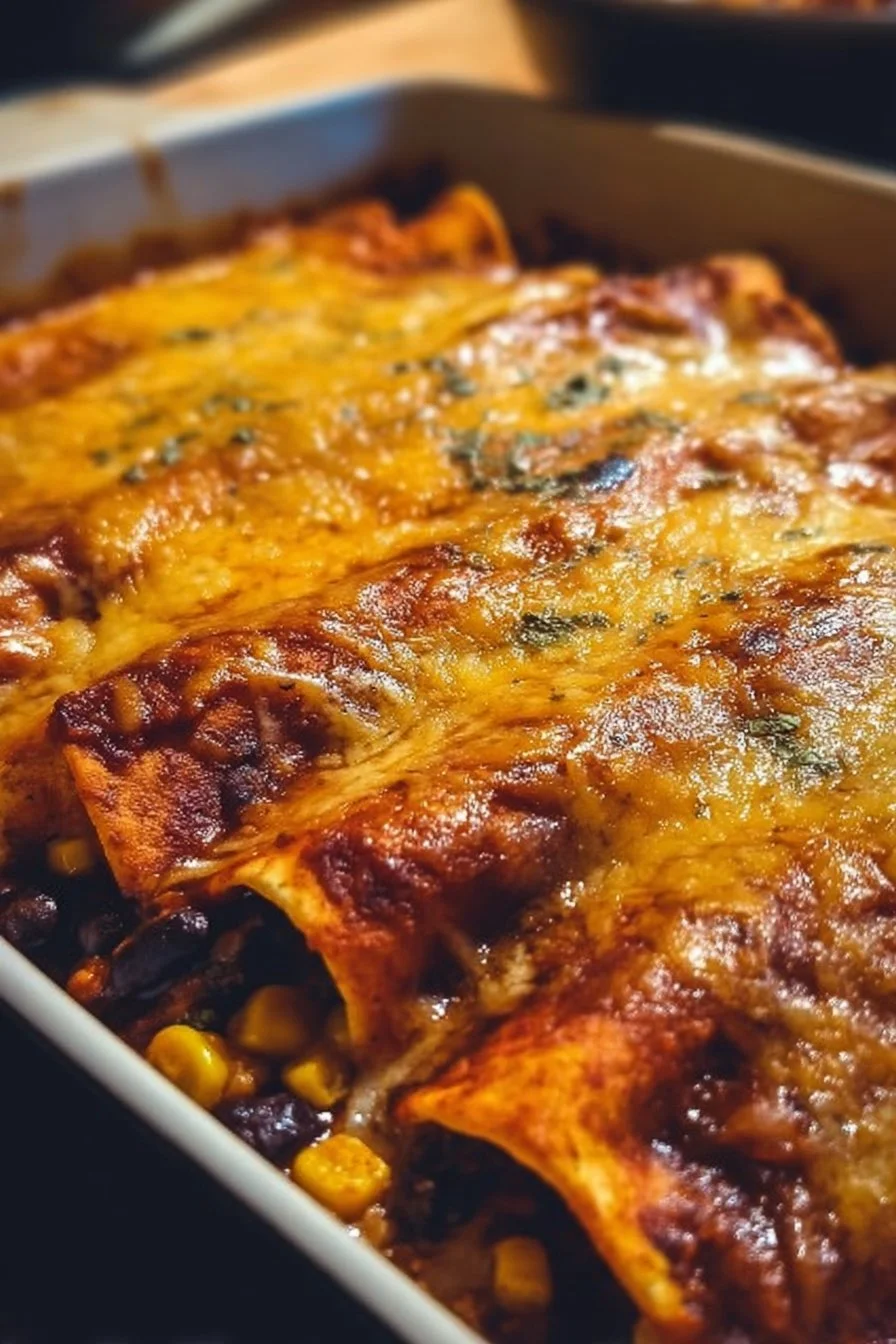 Delicious vegetarian black bean enchiladas topped with cheese and fresh toppings