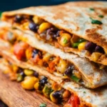 Plate of colorful Vegetarian Quesadillas with fresh vegetables and melted cheese
