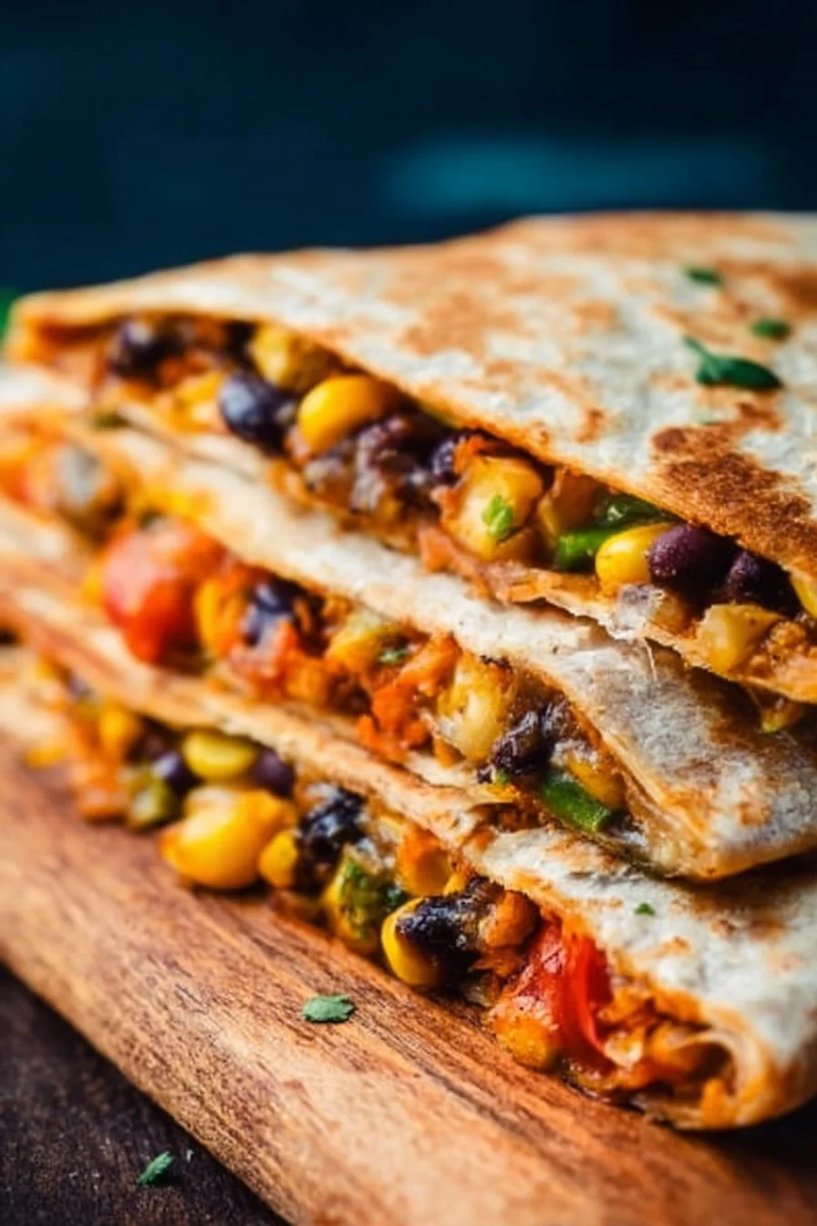 Plate of colorful Vegetarian Quesadillas with fresh vegetables and melted cheese