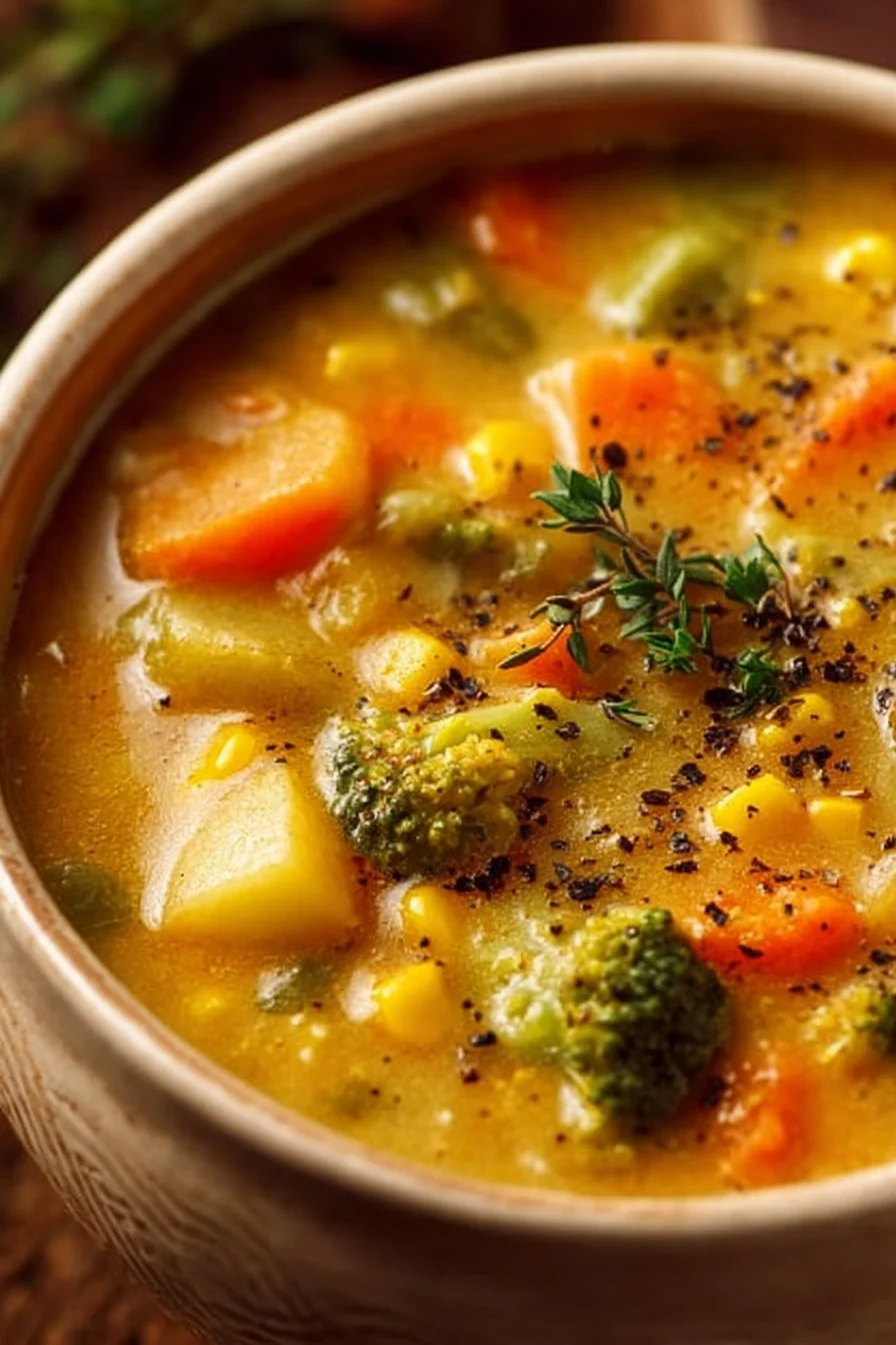 Bowl of delicious Veggie Pot Pie Soup with colorful vegetables and herbs