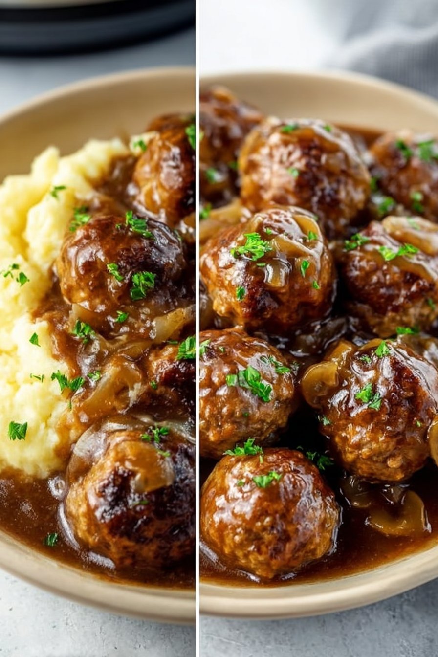 Quick & easy Slow Cooker Salisbury Steak Meatballs are an easy prep slow cooker dinner…