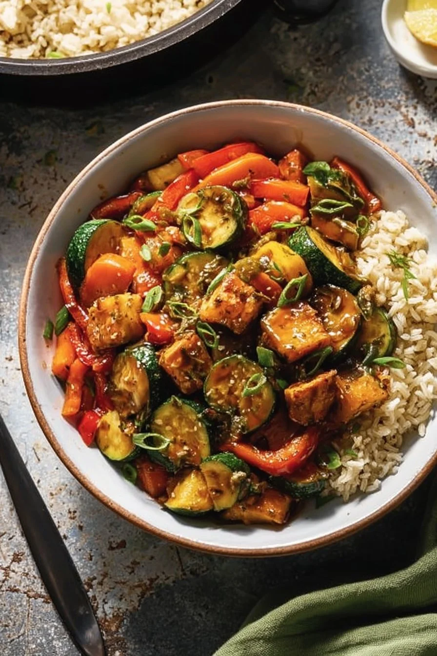 Vegan zucchini stir fry with tofu served in a colorful bowl