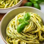 Plate of fresh pesto linguine garnished with basil and pine nuts
