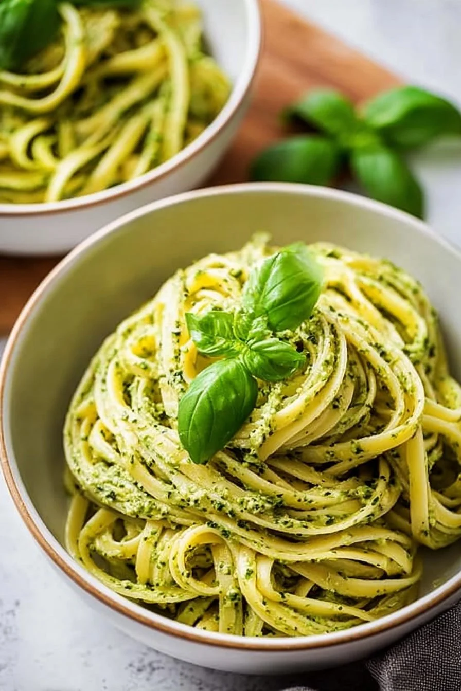 Plate of fresh pesto linguine garnished with basil and pine nuts