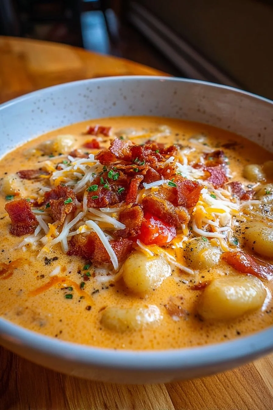 Delicious bowl of 30-minute cheddar gnocchi soup topped with herbs