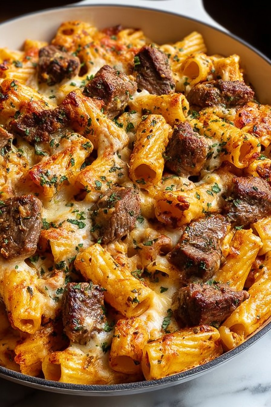 Cajun Steak Tips Rigatoni Bake