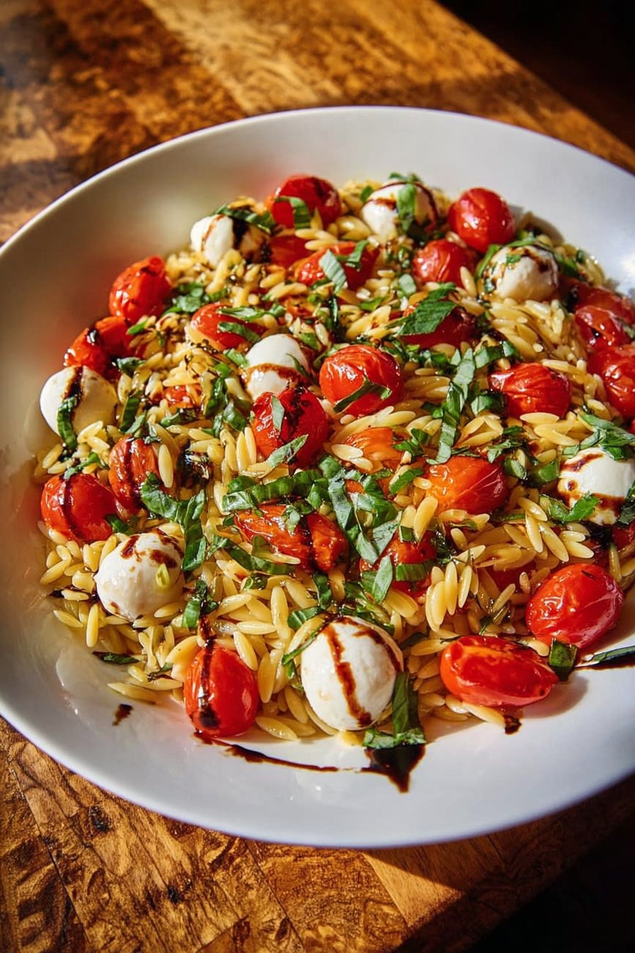 Caprese Orzo Salad with Balsamic Glaze delights your taste buds!