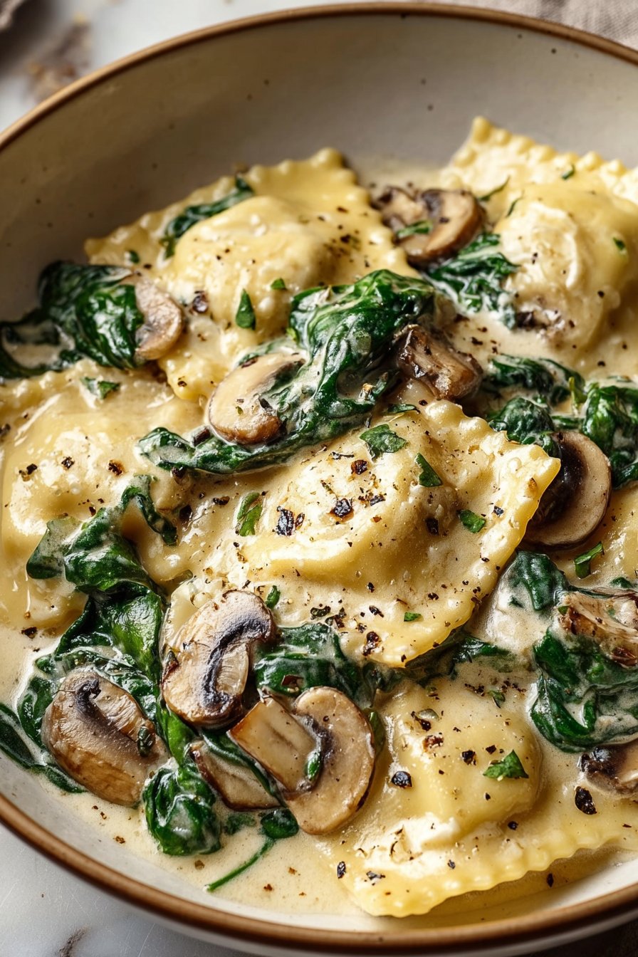 Spinach and Mushroom Alfredo Ravioli