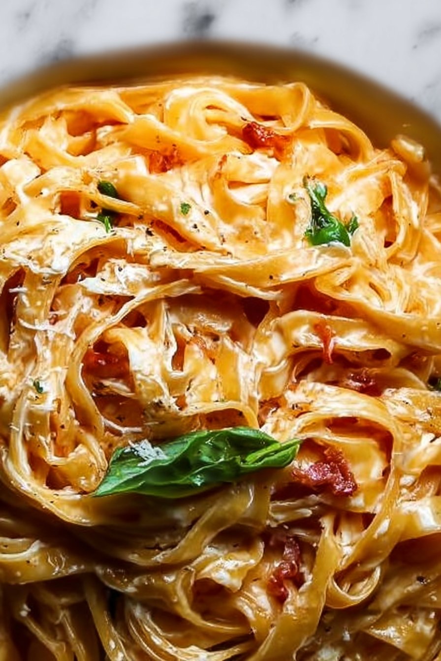 Italian Tagliatelle with Pancetta, Basil, and Mozzarella