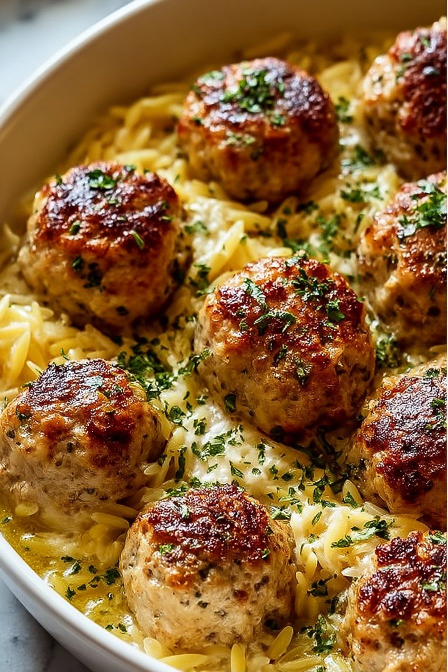 Greek Chicken Meatballs with Lemon Orzo