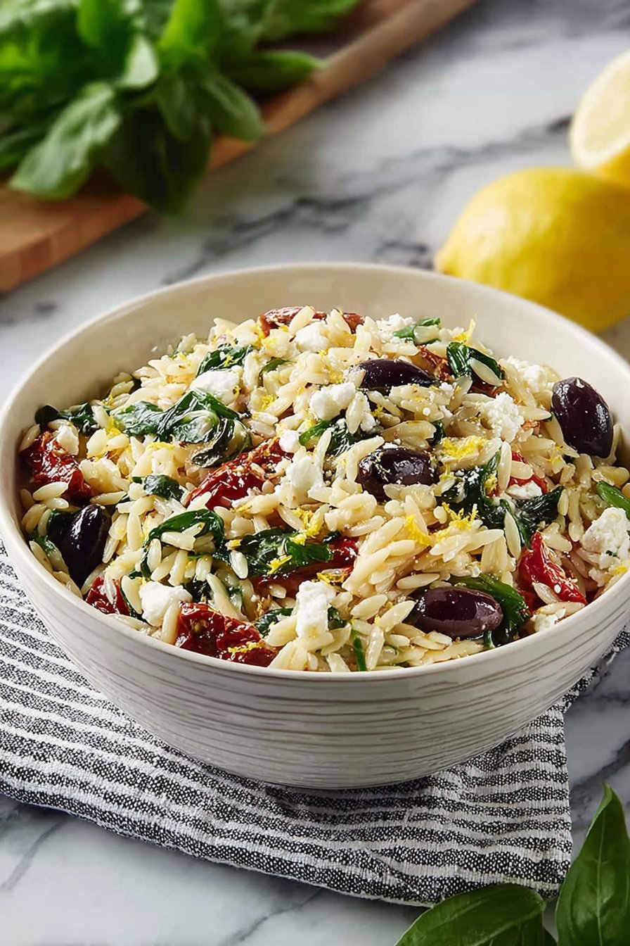 Homemade Orzo Pasta Salad with Feta and Sun Dried Tomatoes - flirtyfood