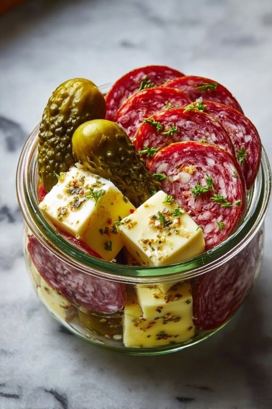 Easy Marinated Cheese Appetizer with Salami & Pickles