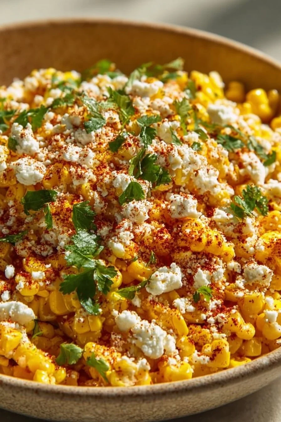 Bowl of amazing Mexican street corn salad with cheese and spices