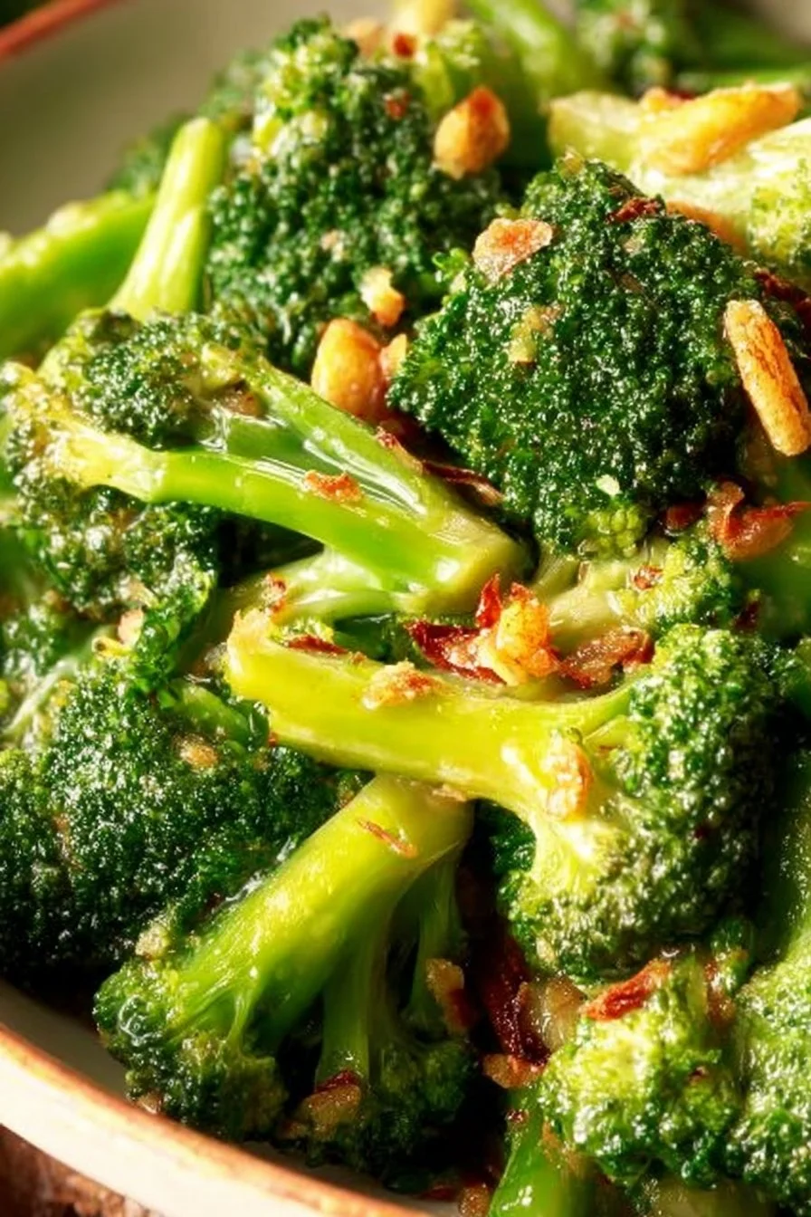 Dish of Asian broccoli with garlic sauce and crispy bacon on a plate