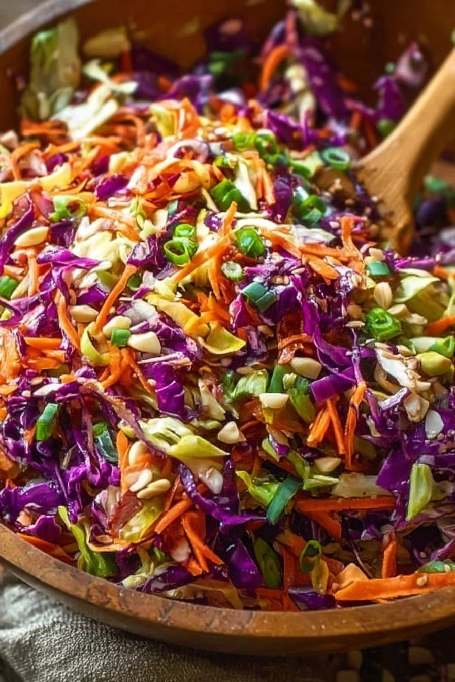 Colorful Asian Crunch Salad with fresh vegetables and crunchy toppings