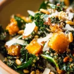 Autumn Caesar Salad with roasted delicata squash croutons on a rustic table