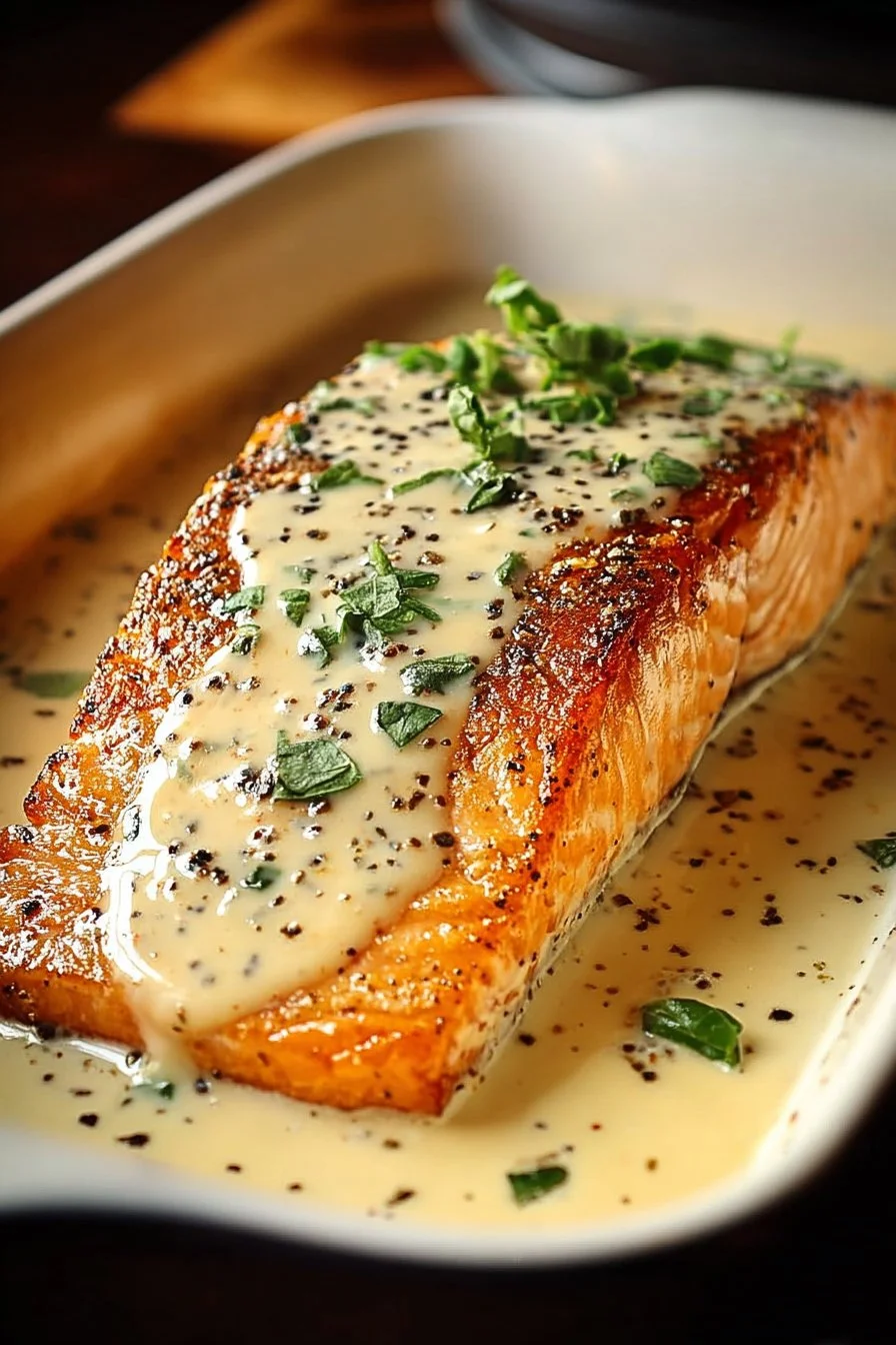 Baked Boursin Salmon with herbs and spices garnished ready to serve.