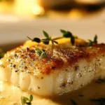 Baked cod with coconut lemon cream sauce served on a plate