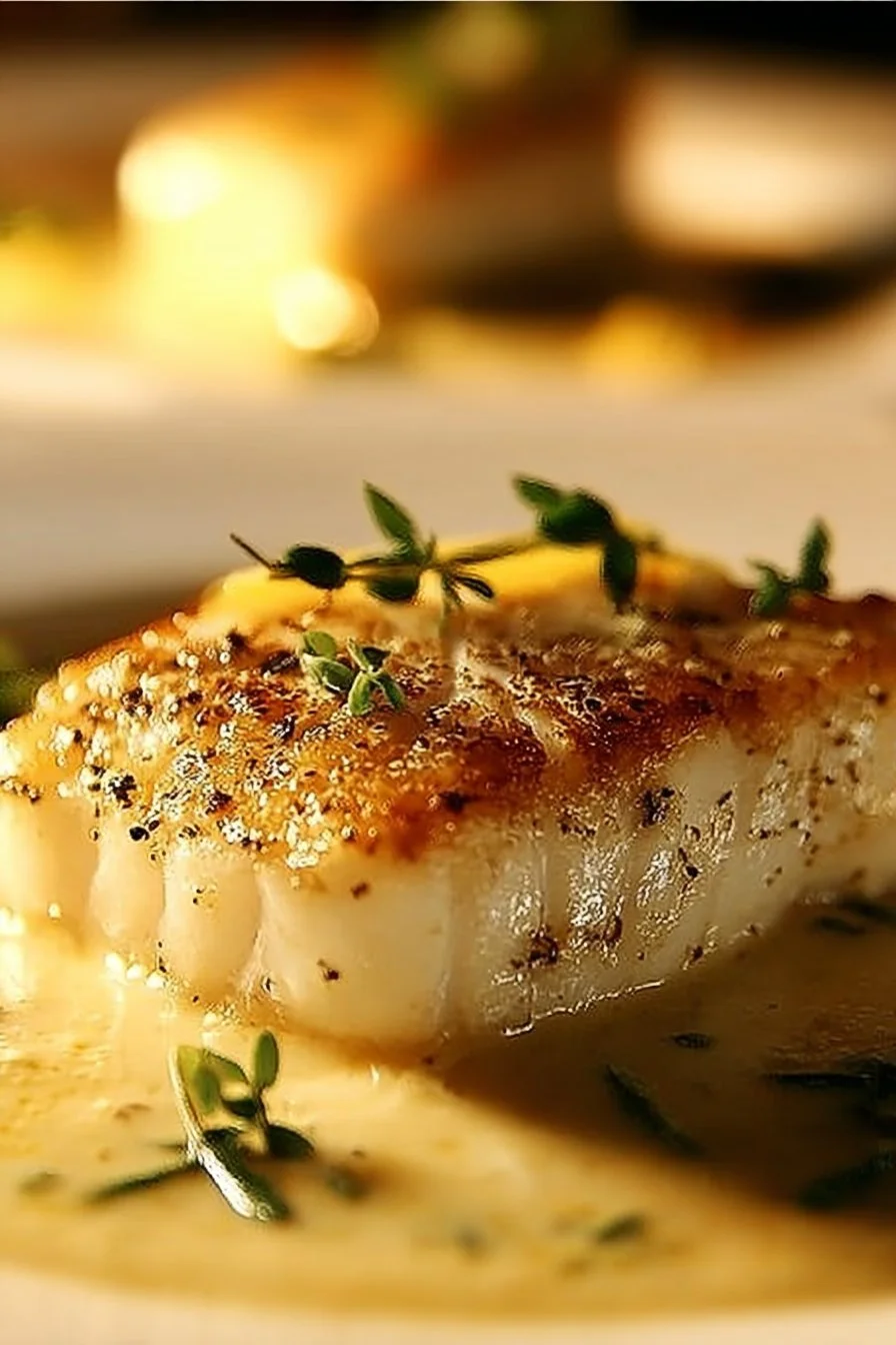 Baked cod with coconut lemon cream sauce served on a plate