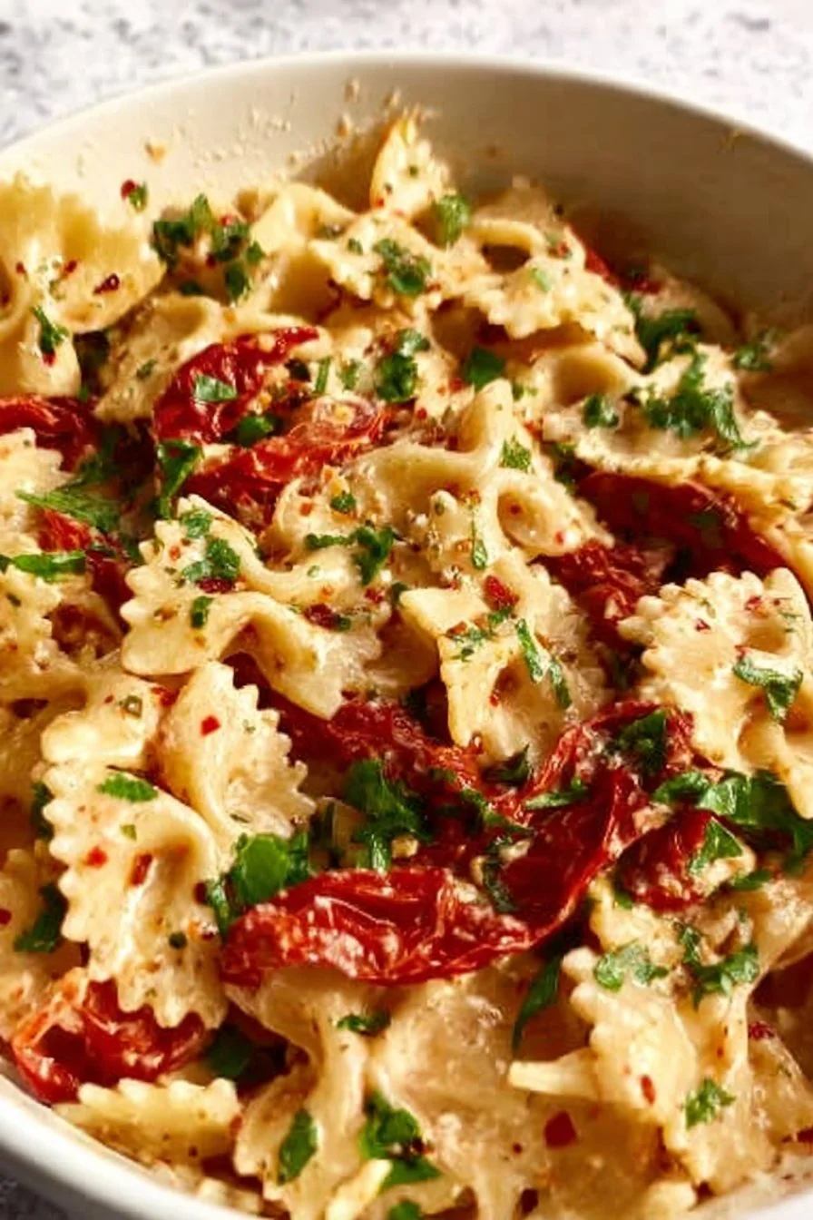 Delicious baked feta pasta served with fresh ingredients and herbs.