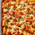 Delicious baked rigatoni with cheese and meat sauce served in a casserole dish.
