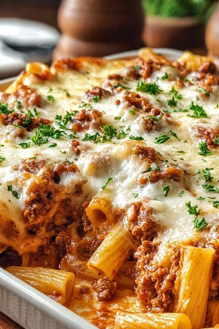 Delicious baked ziti with ricotta cheese served in a casserole dish