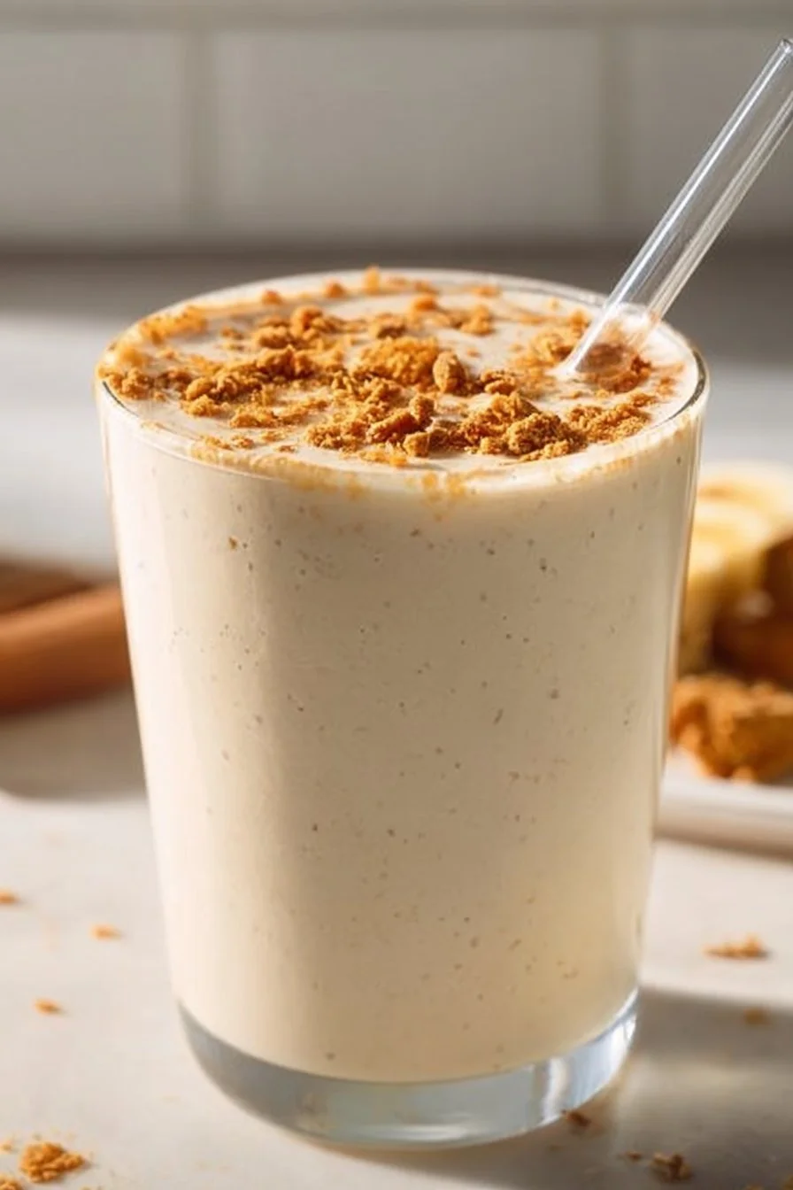 Delicious banana bread protein shake in a glass with banana slices and oats.