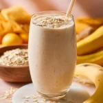 A refreshing banana oatmeal smoothie in a glass, topped with oats and banana slices.
