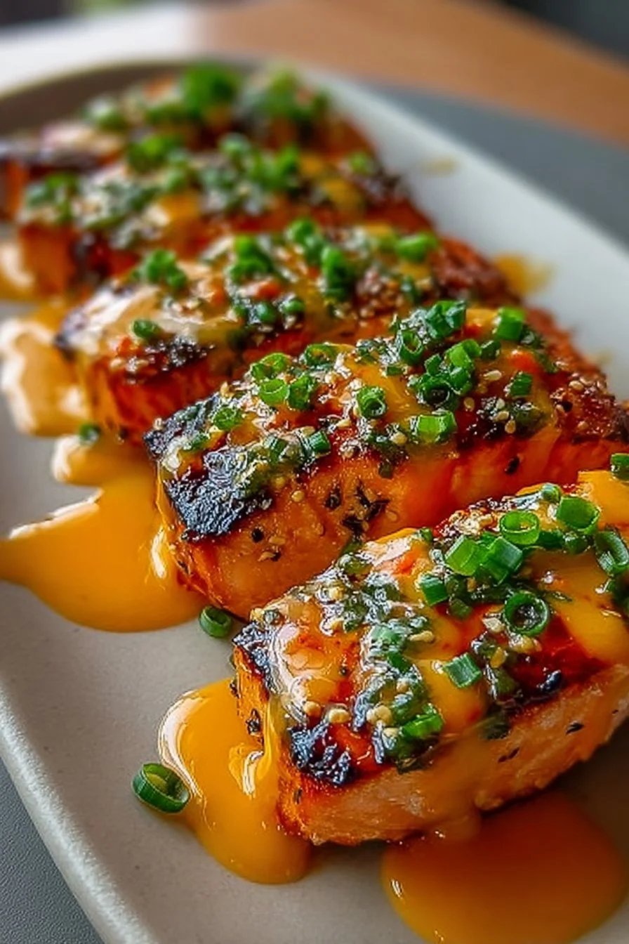 Spicy Bang Bang Salmon served with fresh vegetables and garnishes